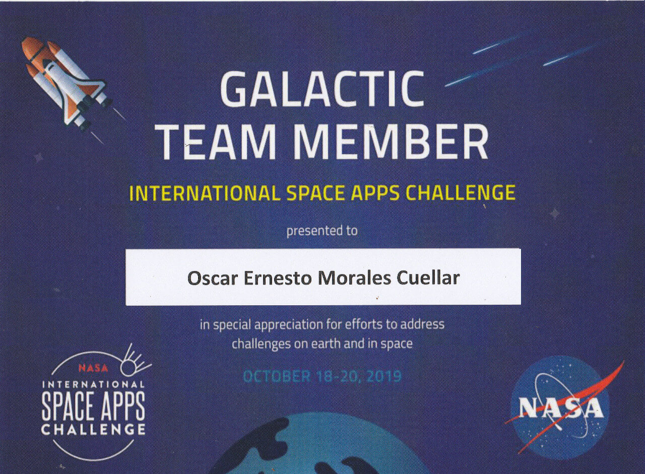 Oscar Morales Cuellar Galardonado como Galactic Problem Solver por la NASA en su programa SpaceApps en Guatemala