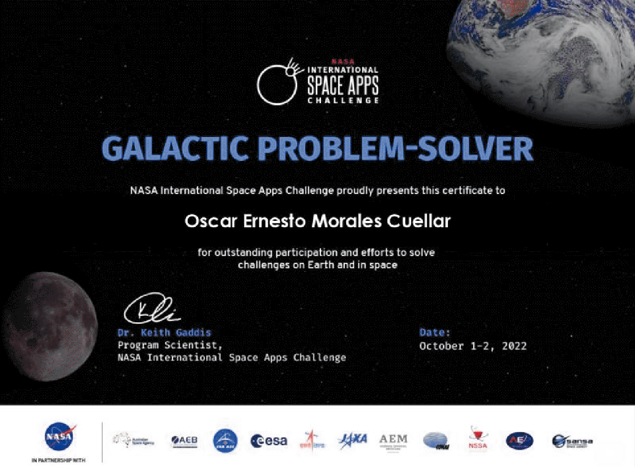 Oscar Morales Cuellar Galardonado como Global Problem Solver por la NASA en su programa SpaceApps en Guatemala